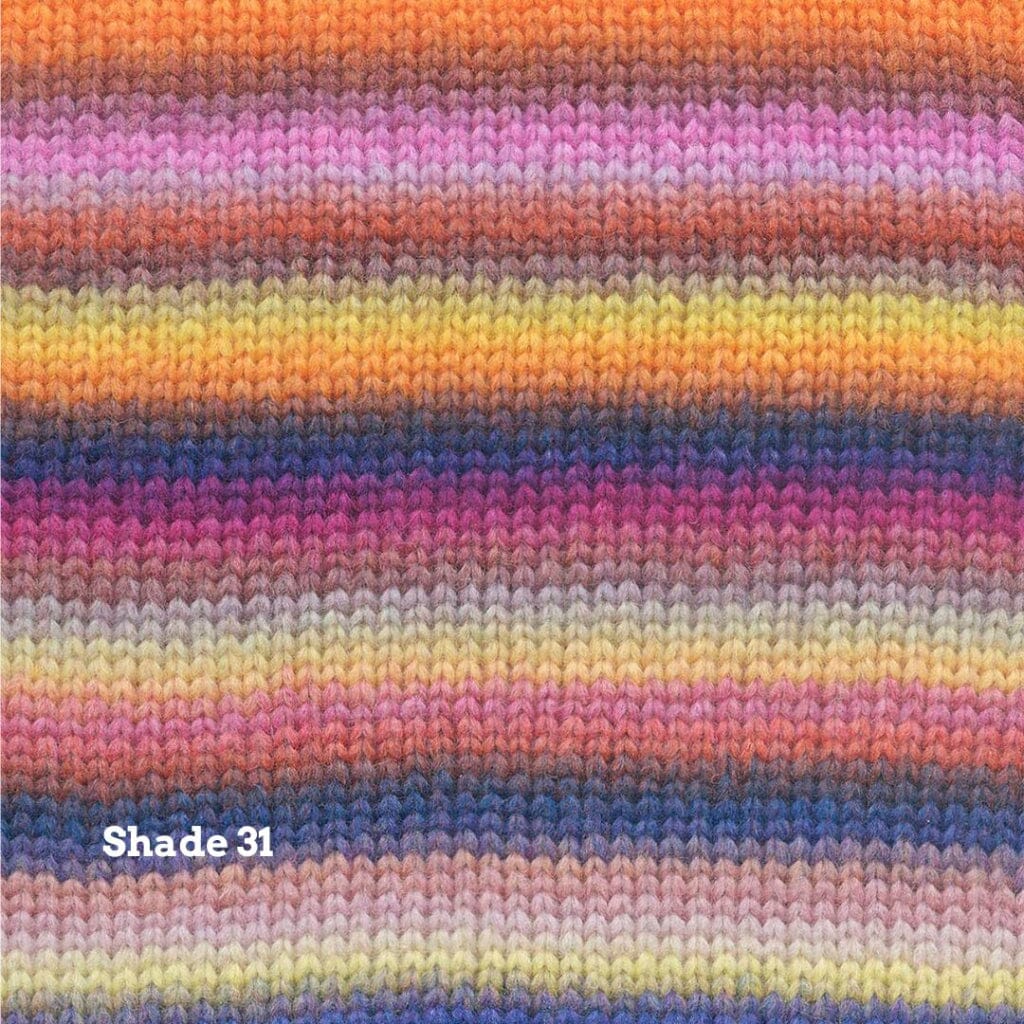 Close-up of a knitted fabric texture with horizontal stripes in orange, pink, yellow, purple, and blue, with the text 'Shade 31' in the lower left corner.