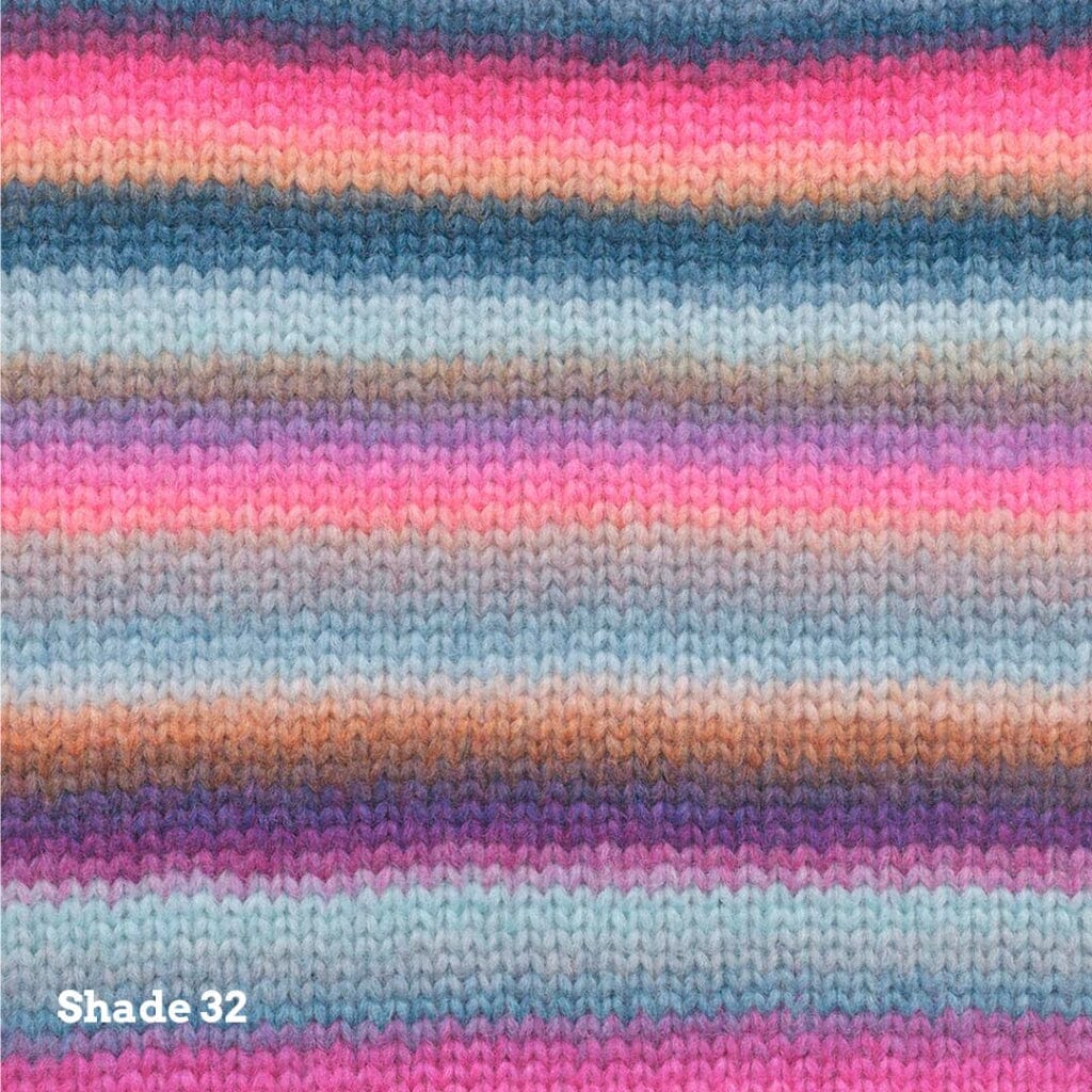 A close-up of a knitted fabric texture with horizontal stripes in pink, blue, purple, orange, and beige, labeled 'Shade 32' in the lower left corner.