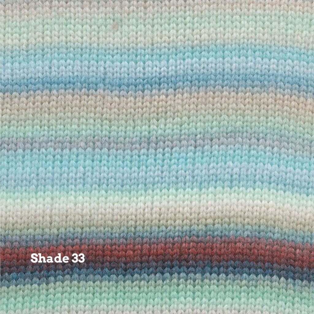 Close-up of a knitted fabric texture with horizontal pastel stripes in light blue, beige, cream, and muted red, with the text 'Shade 33' overlaid in the lower left.
