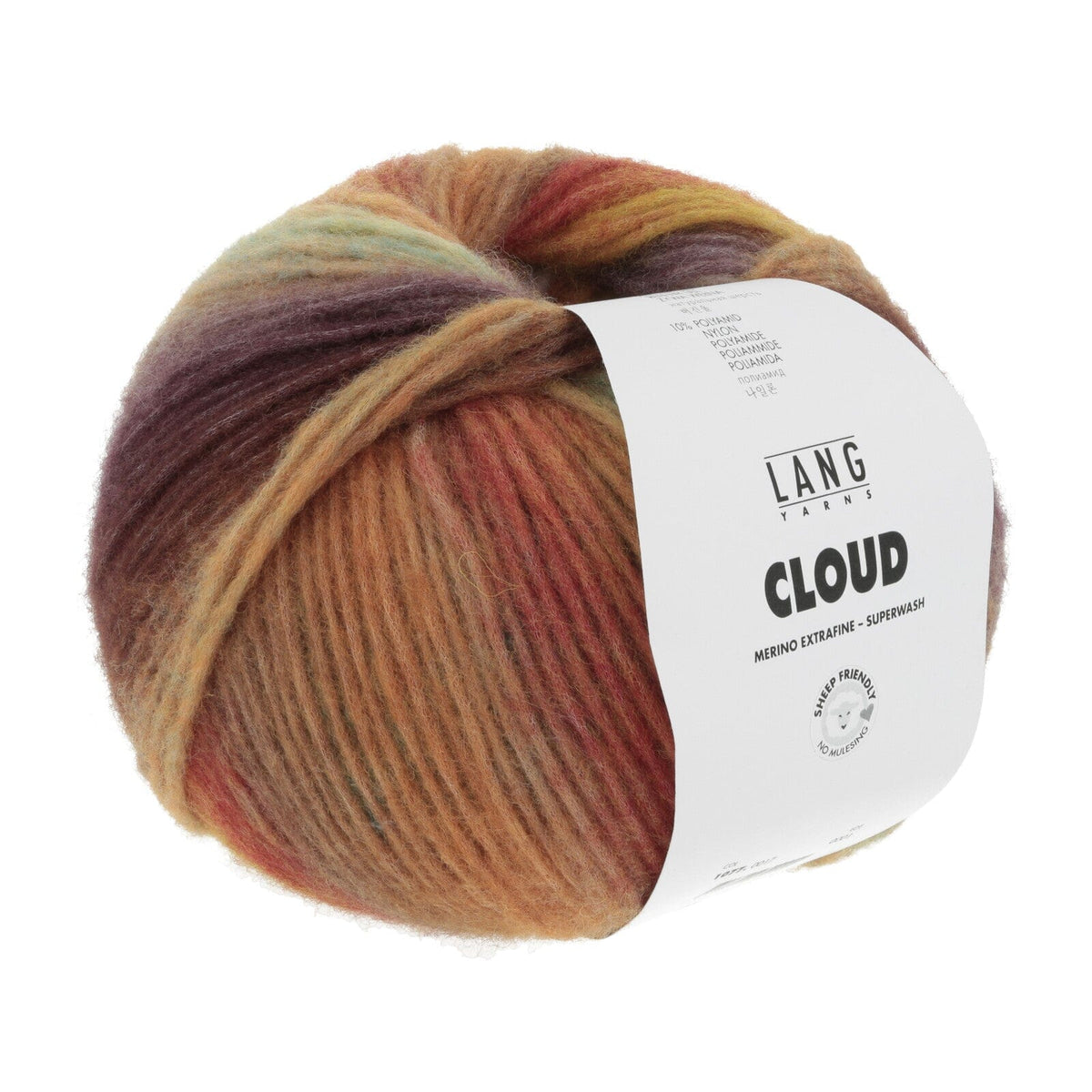 Multicolored skein of yarn with a Lang Yarns label on a white background