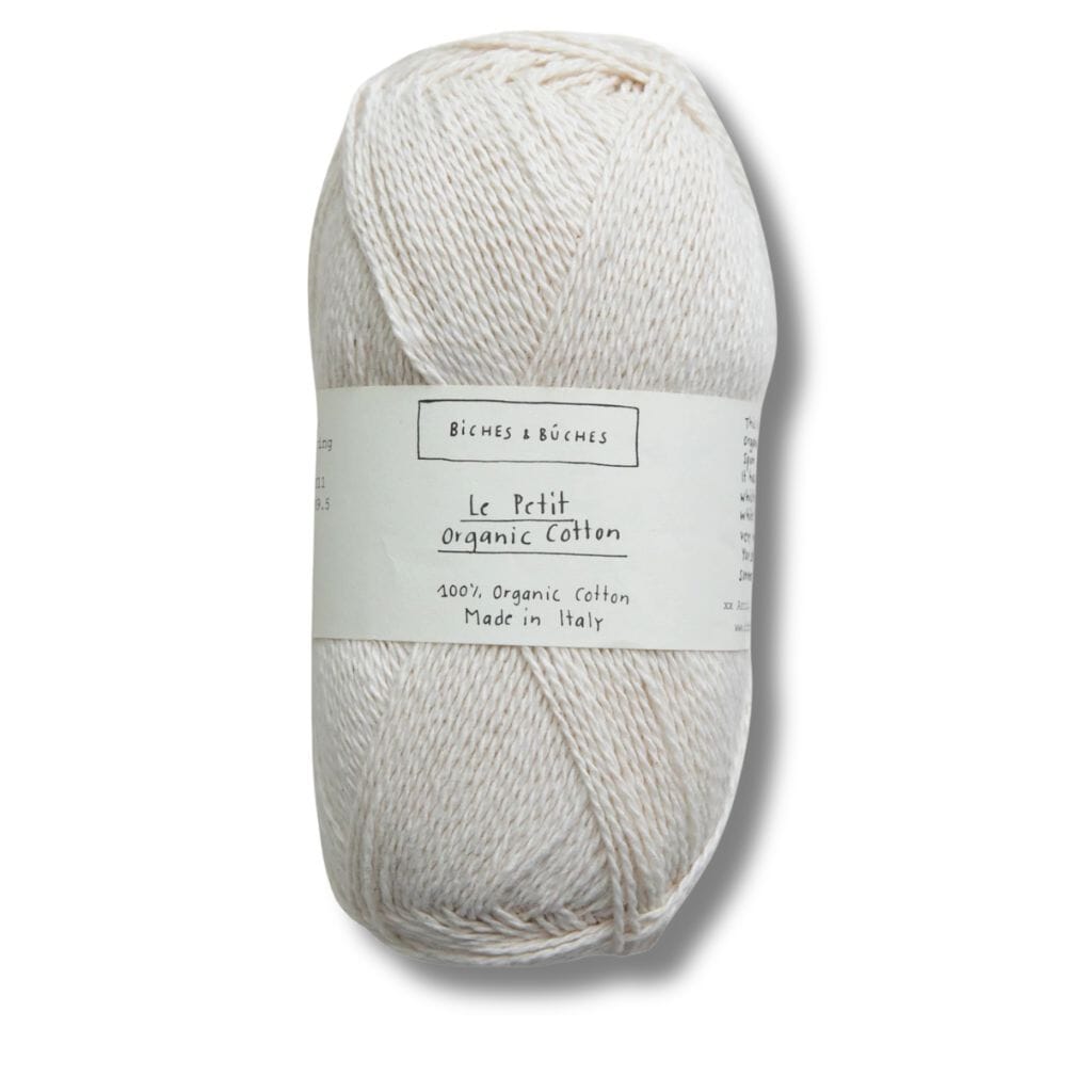 white ball of organic cotton, biches&amp;buches on label with a white background