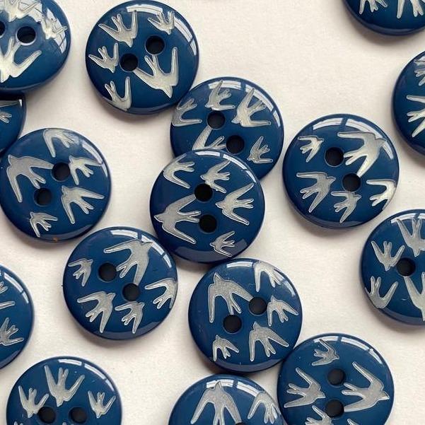 TextileGarden 12mm - Blue with White Swallows Button -  - Buttons
